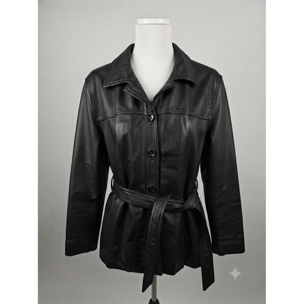 Vintage Y2K Wilsons Leather MOTO Black Button Front Belted‎ Jacket Coat size XL